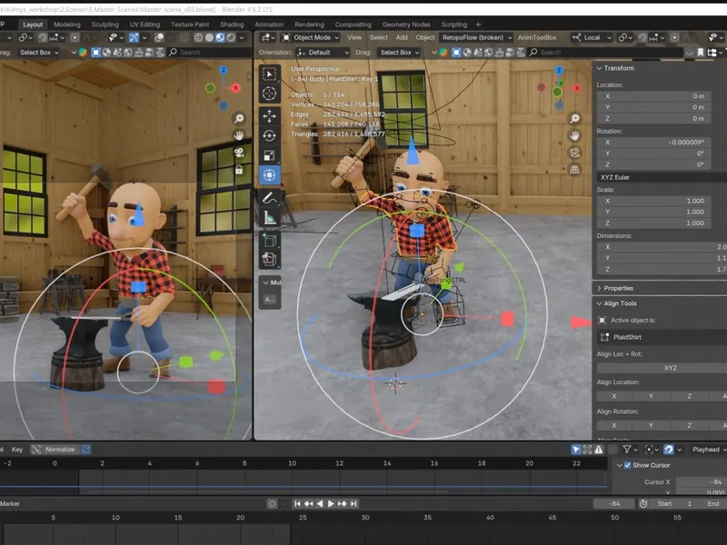 Modeling the Kilroy character in Blender, with the 3D viewport and scene tree on screen.